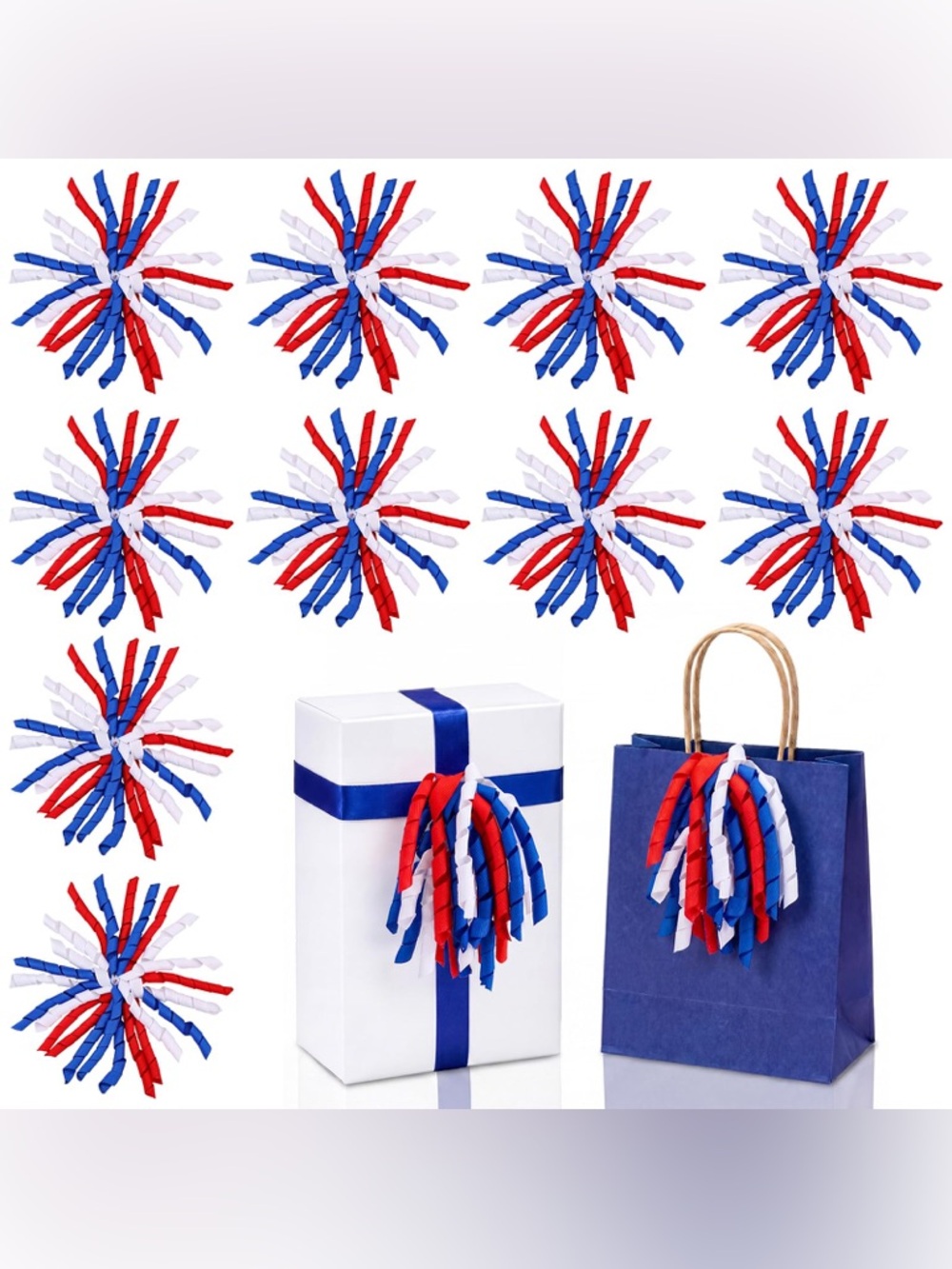Red White and Blue Curl Ribbon Tassel Party Gift Decorations - Pack of 12